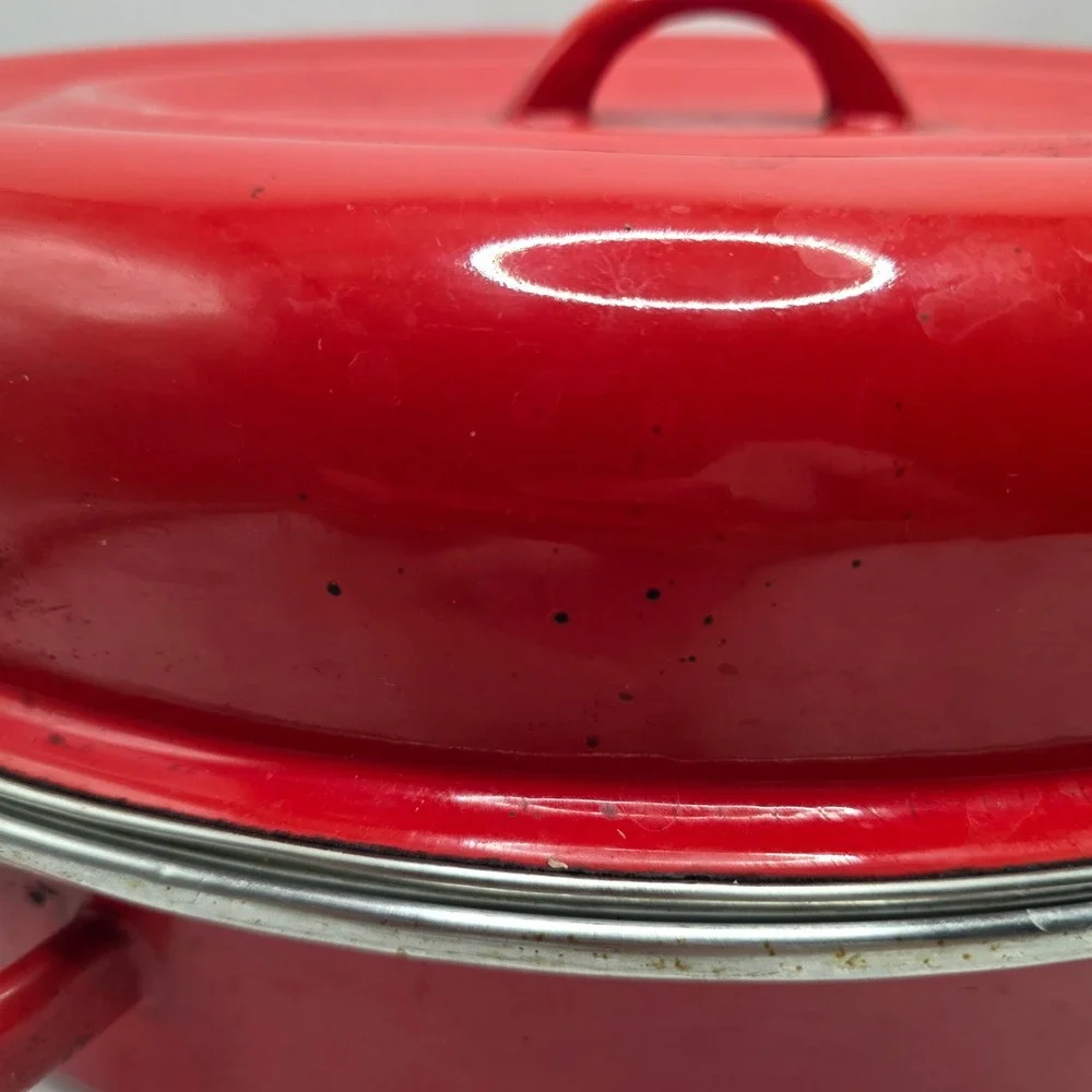 Vintage Red Enamel Roasting Pan Oval Lid Farmhouse Rustic Decor Primitive Roast